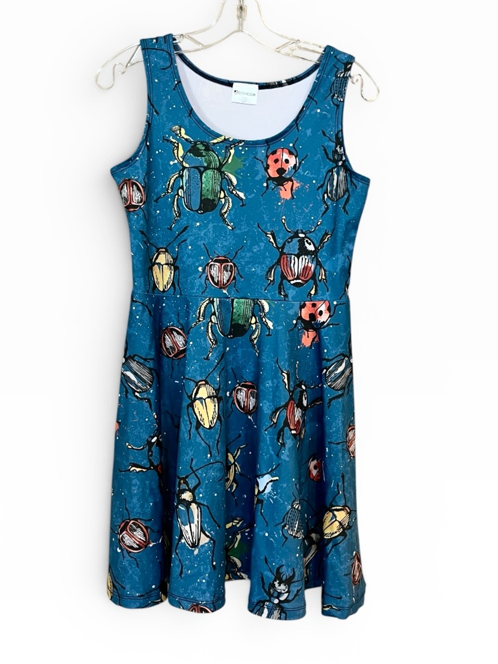 Cowcow Watercolor Beetles Sleeveless Skater Dress Womens Large Fit Flare